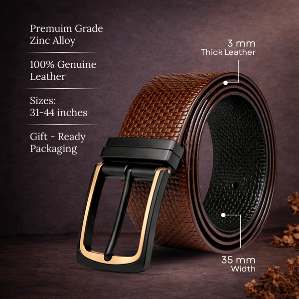 Mens 100% Genuine Leather Belt - TEXTURON Woven Grid Emboss (Brown & Black Reversible)