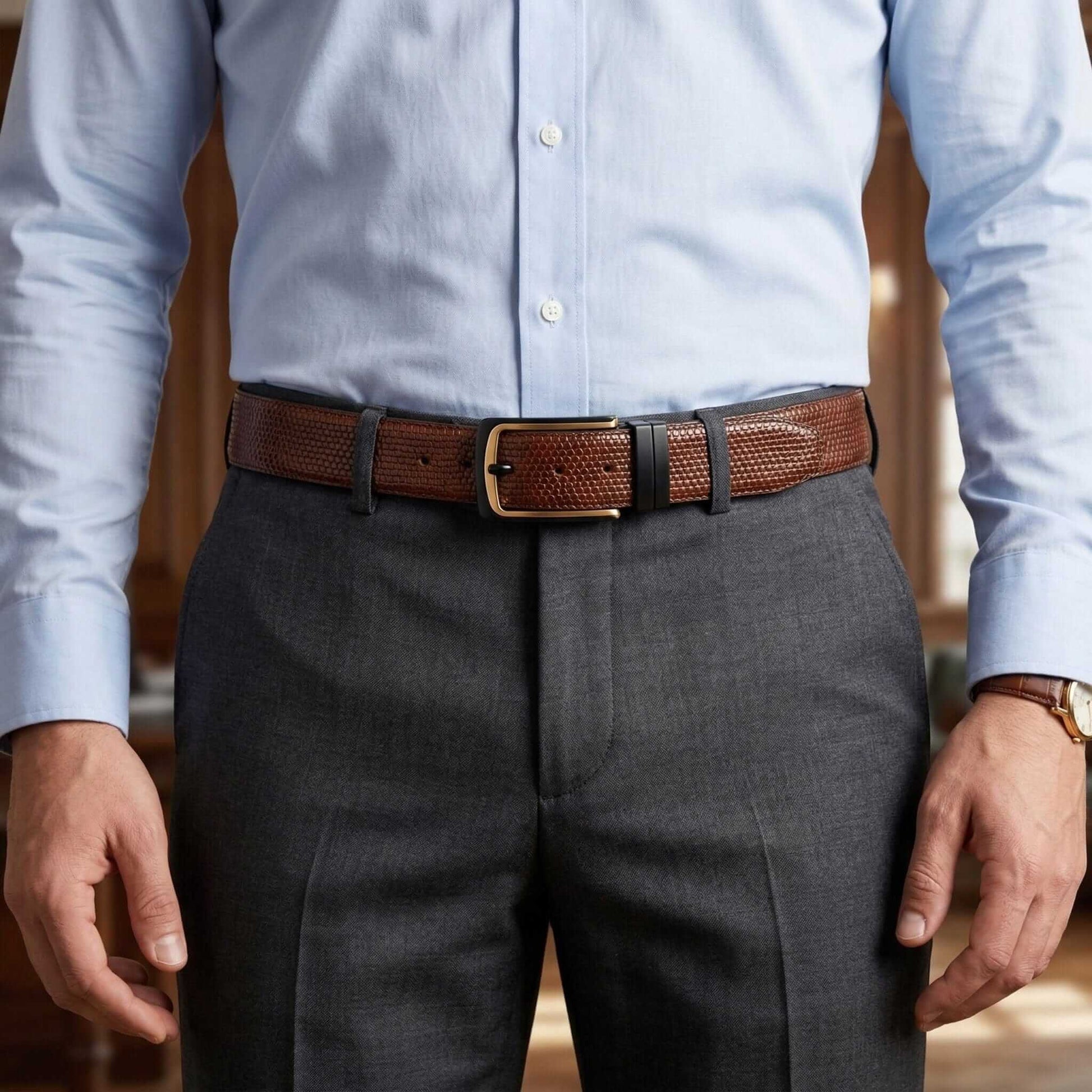Mens 100% Genuine Leather Belt - TEXTURON Woven Grid Emboss (Brown & Black Reversible) — Leather Belts for Men | THE MEN THING