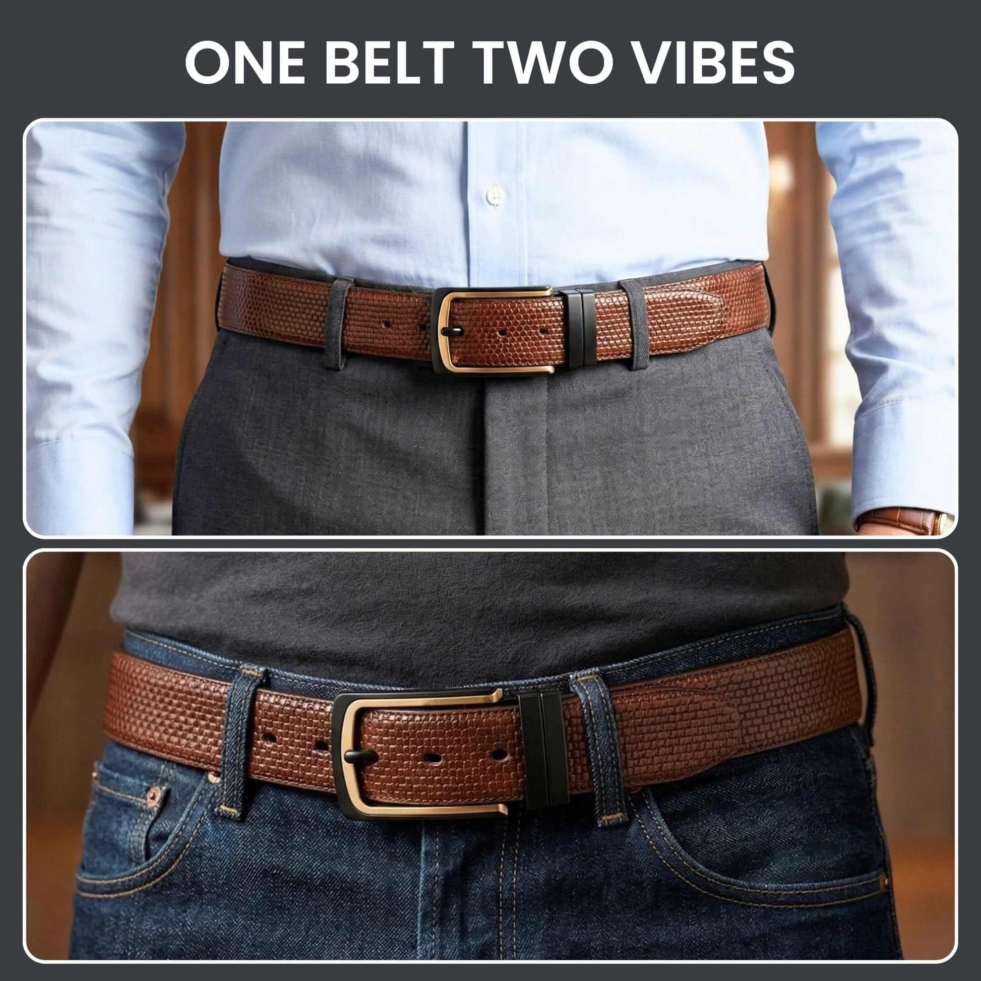 Mens 100% Genuine Leather Belt - TEXTURON Woven Grid Emboss (Brown & Black Reversible) — Leather Belts for Men | THE MEN THING