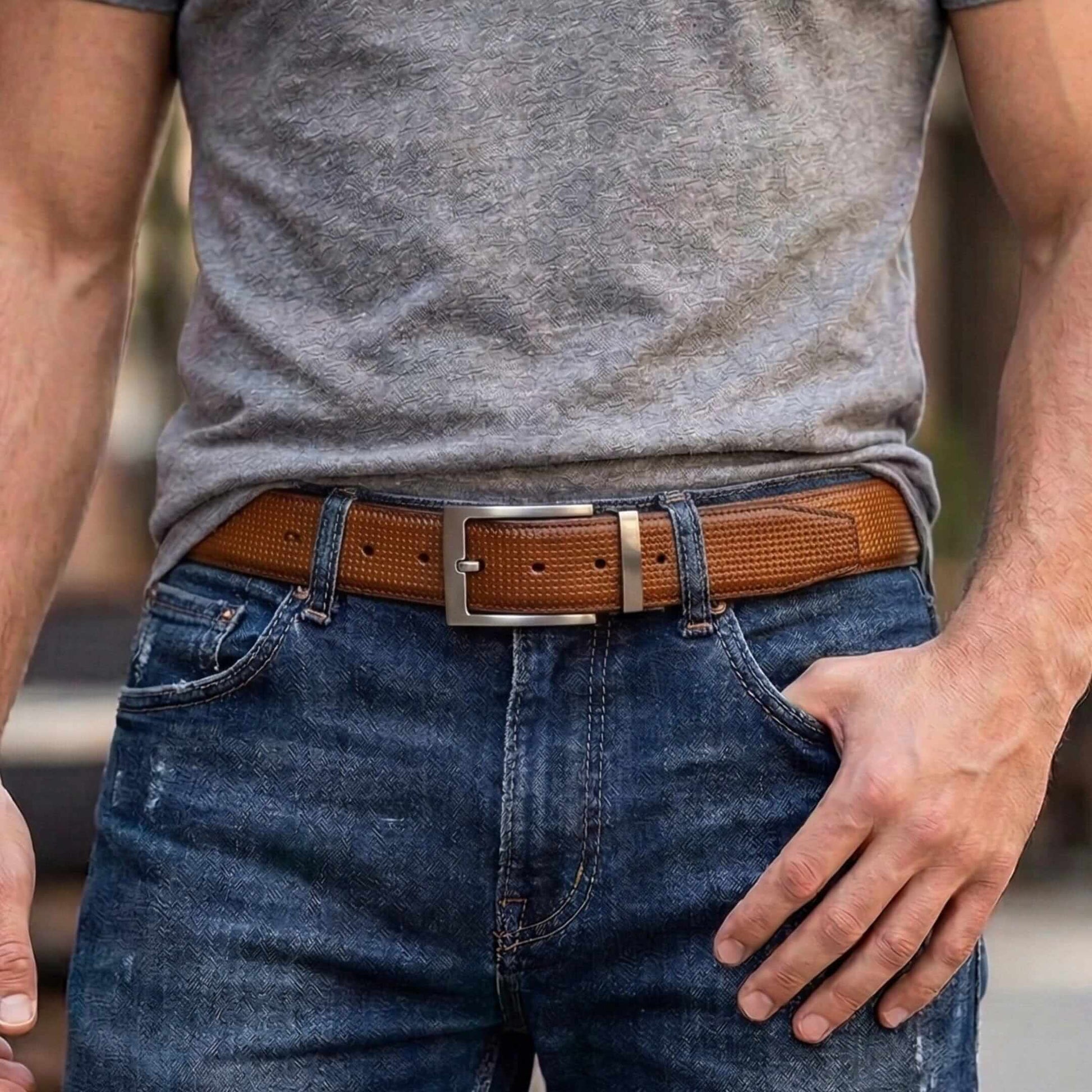 Mens 100% Genuine Leather Belt - TORVEX Basket Weave Emboss (Brown & Black Reversible) — Leather Belts for Men | THE MEN THING