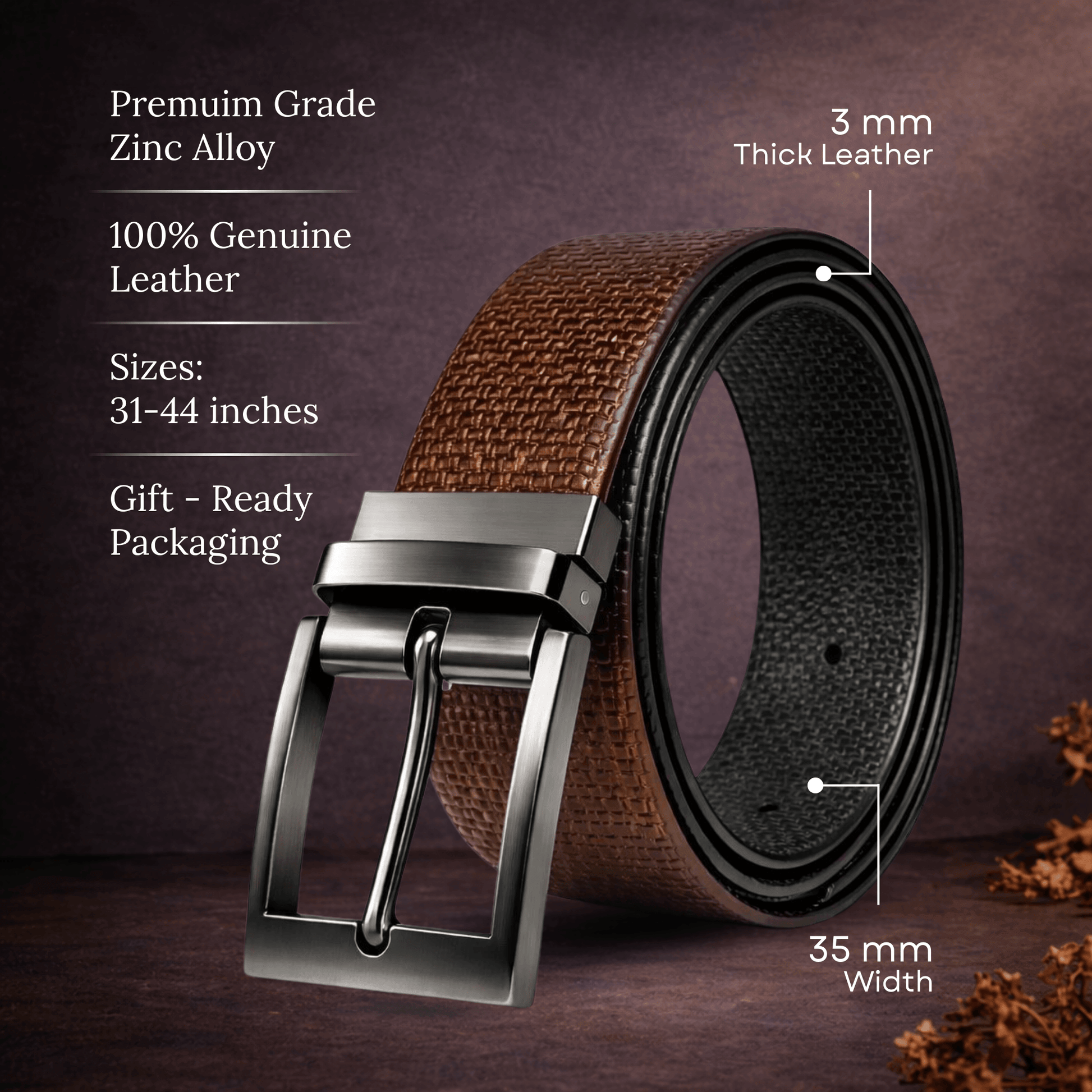 Mens 100% Genuine Leather Belt - TORVEX Basket Weave Emboss (Brown & Black Reversible) — Leather Belts for Men | THE MEN THING