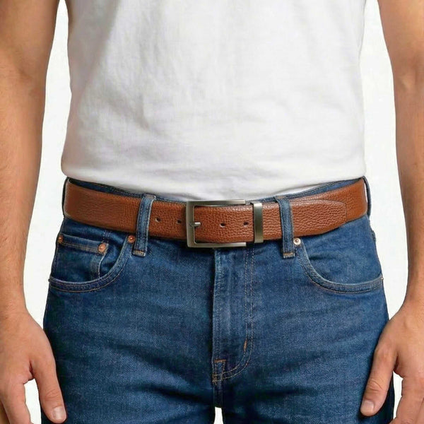 Mens 100% Genuine Leather Belt - TORZEN Fine Grid Texture (Brown & Black Reversible)