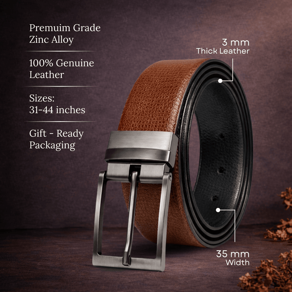 Mens 100% Genuine Leather Belt - TORZEN Fine Grid Texture (Brown & Black Reversible)