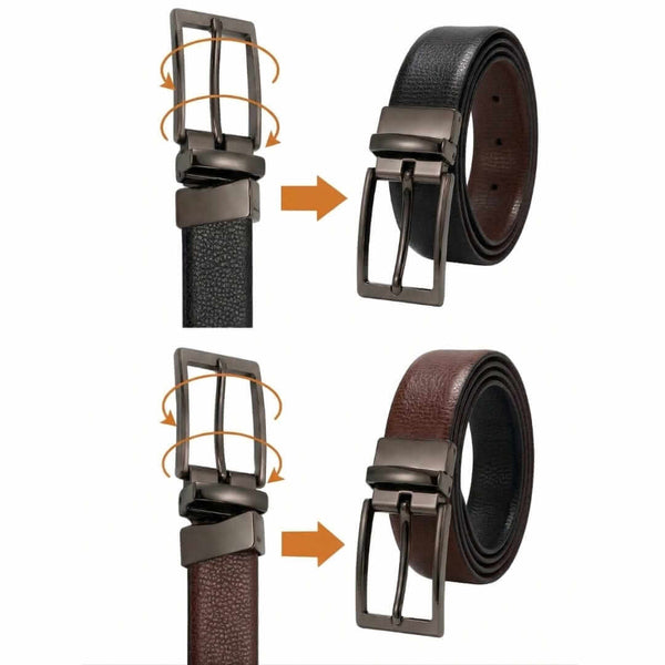 Mens 100% Genuine Leather Belt - TORZEN Fine Grid Texture (Brown & Black Reversible)