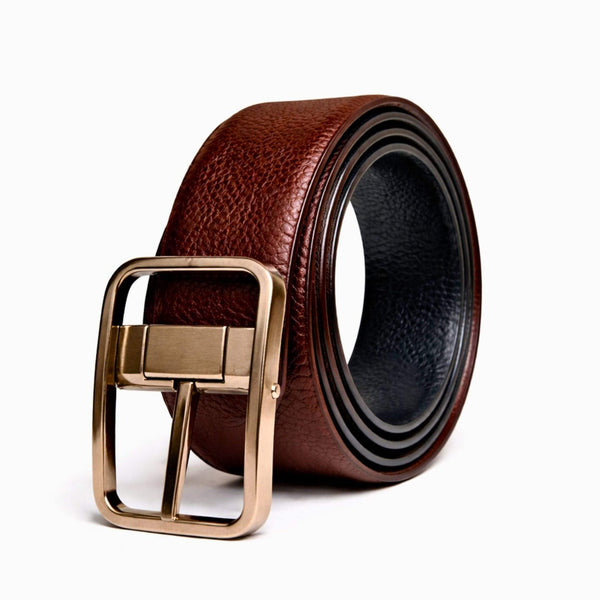Mens 100% Genuine Leather Belt - URBAN EMPEROR Grid Emboss (Brown & Black Reversible)