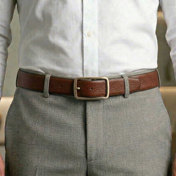 Mens 100% Genuine Leather Belt - URBAN EMPEROR Grid Emboss (Brown & Black Reversible)