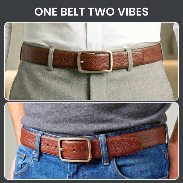 Mens 100% Genuine Leather Belt - URBAN EMPEROR Grid Emboss (Brown & Black Reversible)