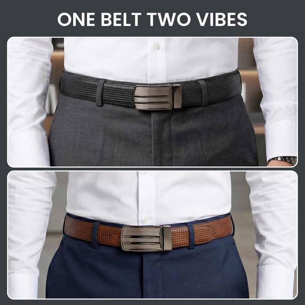 Mens 100% Genuine Leather Belt - VALTRIX Woven Emboss Plate (Brown & Black Reversible)