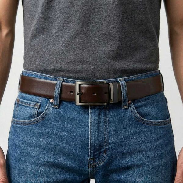 Mens 100% Genuine Leather Belt - VANTHOR Smooth Classic (Brown & Black Reversible)