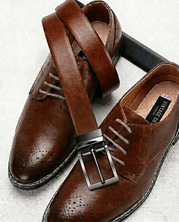 Mens 100% Genuine Leather Belt - VANTHOR Smooth Classic (Brown & Black Reversible)