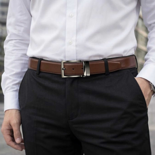 Mens 100% Genuine Leather Belt - VANTHOR Smooth Classic (Brown & Black Reversible)