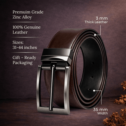 Mens 100% Genuine Leather Belt - VANTHOR Smooth Classic (Brown & Black Reversible) — Leather Belts for Men | THE MEN THING