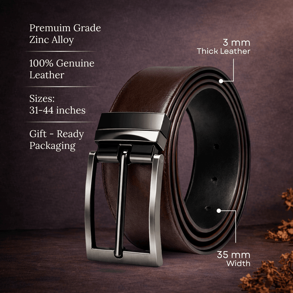 Mens 100% Genuine Leather Belt - VANTHOR Smooth Classic (Brown & Black Reversible)