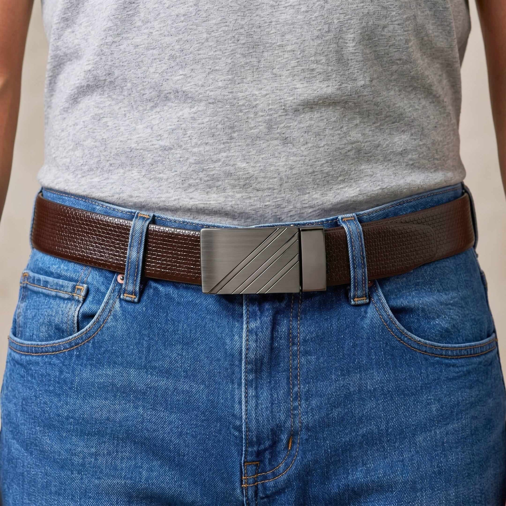 Mens 100% Genuine Leather Belt - VAREX Grid Emboss Plate (Brown & Black Reversible) — Leather Belts for Men | THE MEN THING