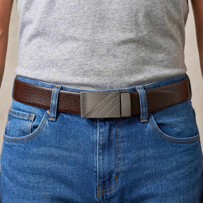Mens 100% Genuine Leather Belt - VAREX Grid Emboss Plate (Brown & Black Reversible) — Leather Belts for Men | THE MEN THING
