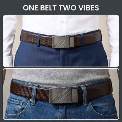 Mens 100% Genuine Leather Belt - VAREX Grid Emboss Plate (Brown & Black Reversible) — Leather Belts for Men | THE MEN THING