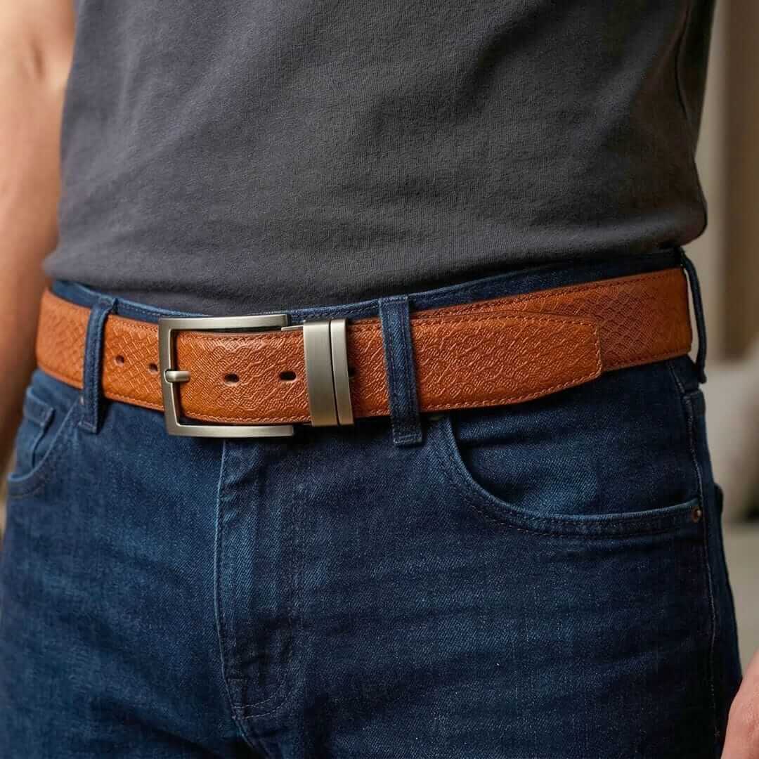 Mens 100% Genuine Leather Belt - VELIXO Diamond Grid Emboss (Brown & Black Reversible) — Leather Belts for Men | THE MEN THING