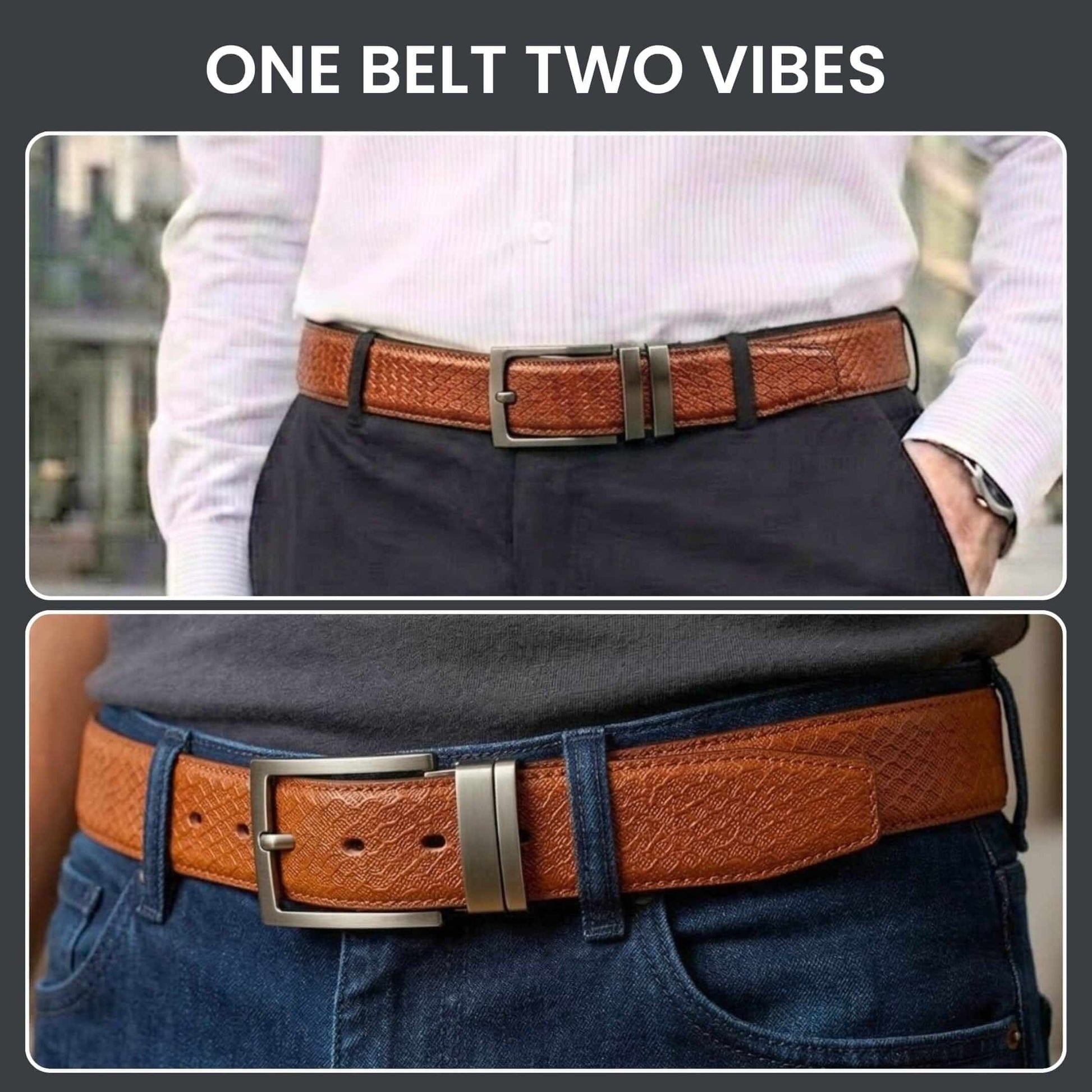 Mens 100% Genuine Leather Belt - VELIXO Diamond Grid Emboss (Brown & Black Reversible) — Leather Belts for Men | THE MEN THING