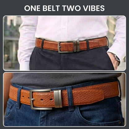 Mens 100% Genuine Leather Belt - VELIXO Diamond Grid Emboss (Brown & Black Reversible) — Leather Belts for Men | THE MEN THING