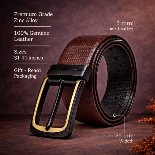 Mens 100% Genuine Leather Belt - VELNOX Textured Weave Gold (Brown & Black Reversible)