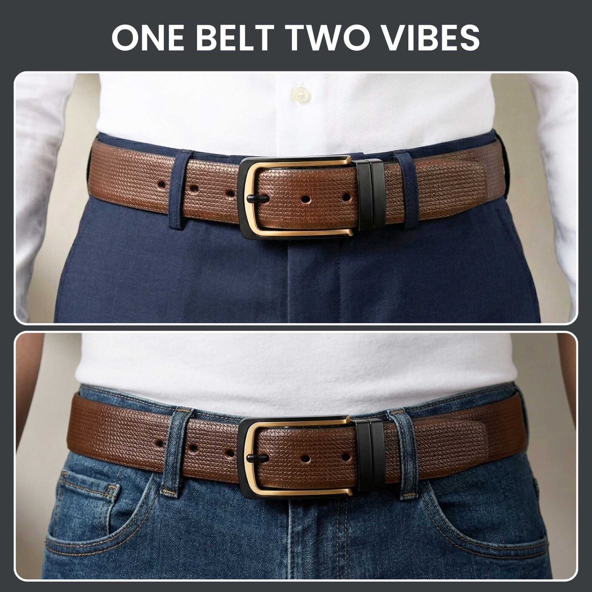 Mens 100% Genuine Leather Belt - VELNOX Textured Weave Gold (Brown & Black Reversible) — Leather Belts for Men | THE MEN THING