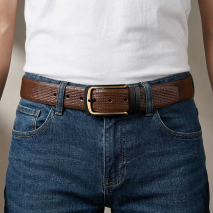 Mens 100% Genuine Leather Belt - VELNOX Textured Weave Gold (Brown & Black Reversible) — Leather Belts for Men | THE MEN THING