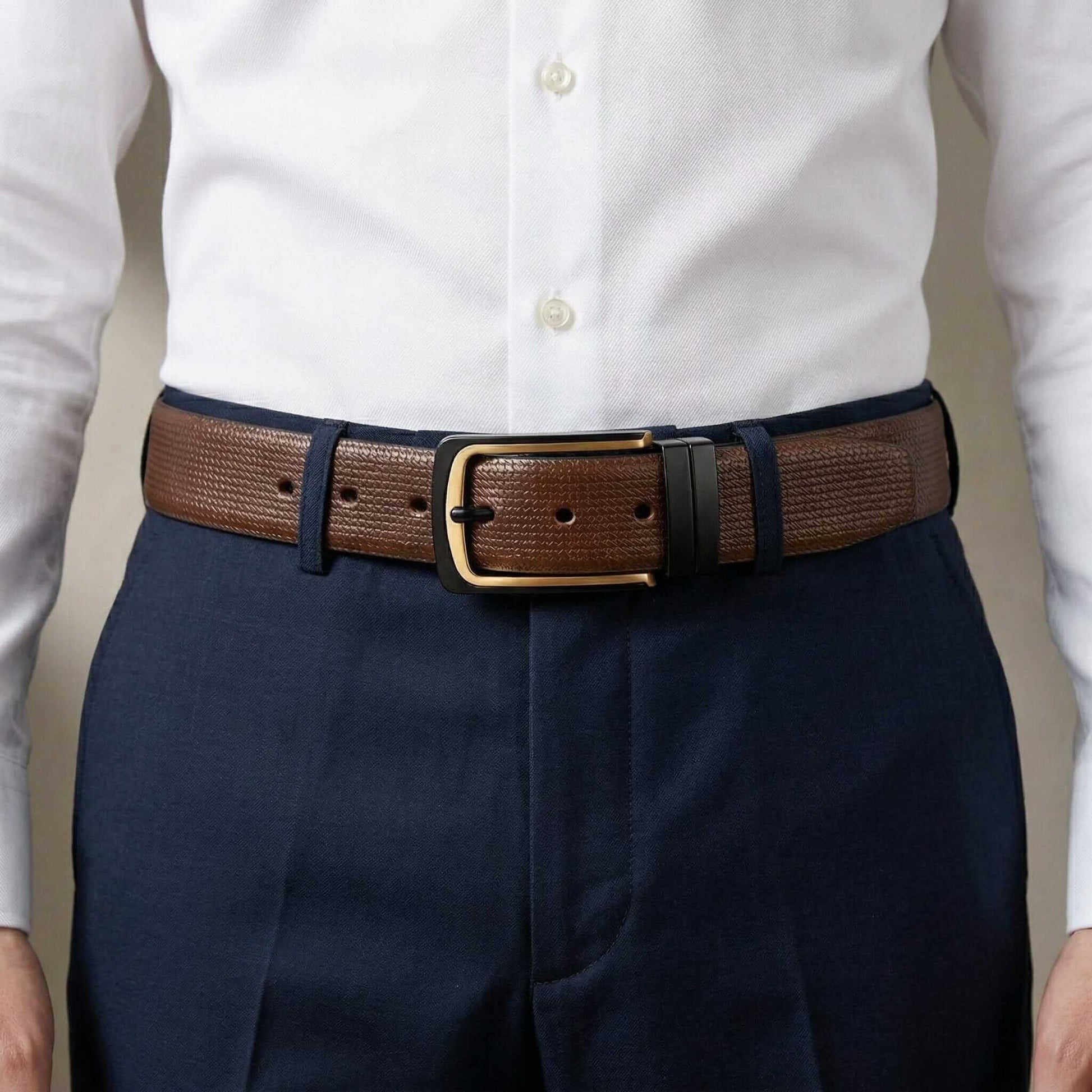 Mens 100% Genuine Leather Belt - VELNOX Textured Weave Gold (Brown & Black Reversible) — Leather Belts for Men | THE MEN THING