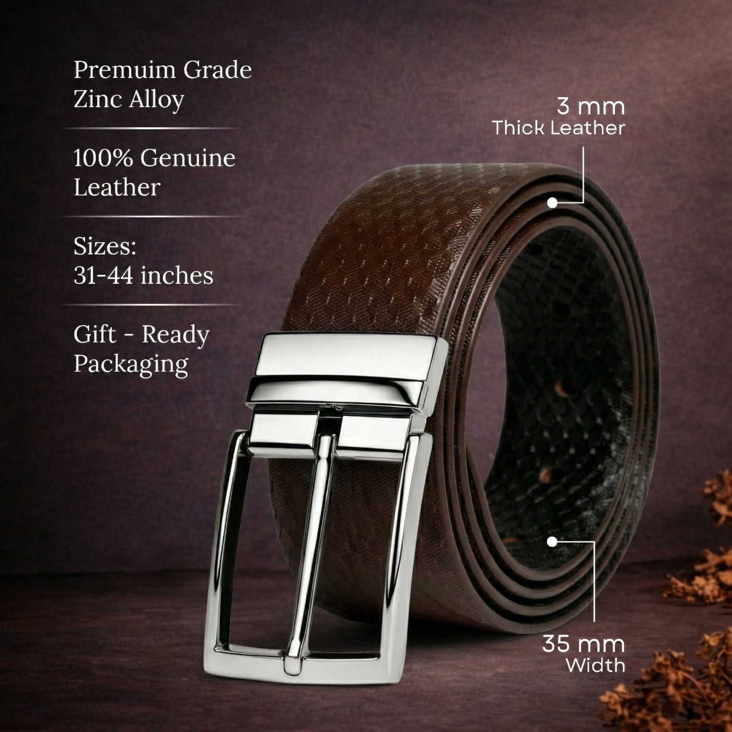 Mens 100% Genuine Leather Belt - VELTON Snake Emboss (Brown & Black Reversible) — Leather Belts for Men | THE MEN THING