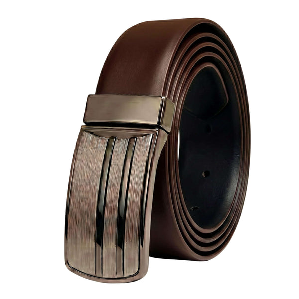 Mens 100% Genuine Leather Belt - VELTOR Smooth Leather Plate (Brown & Black Reversible)