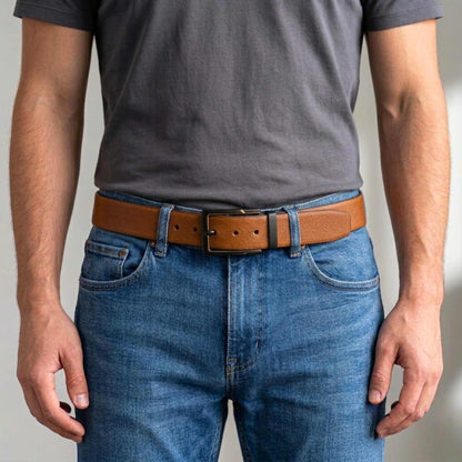 Mens 100% Genuine Leather Belt - VELTORA Smooth Gold Accent (Brown & Black Reversible) — Leather Belts for Men | THE MEN THING