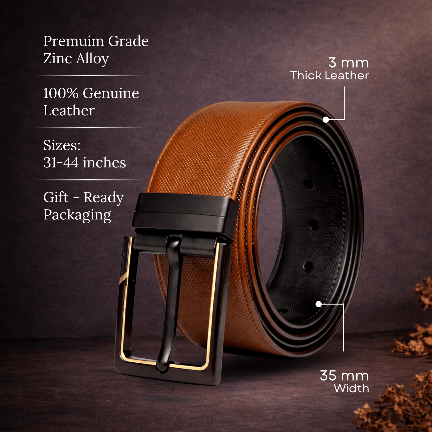 Mens 100% Genuine Leather Belt - VELTORA Smooth Gold Accent (Brown & Black Reversible) — Leather Belts for Men | THE MEN THING