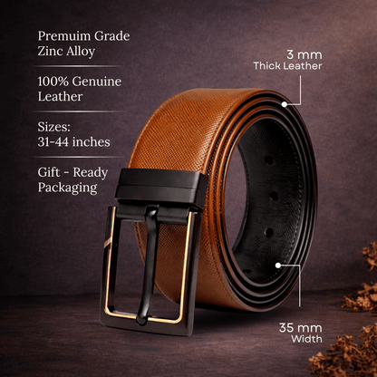 Mens 100% Genuine Leather Belt - VELTORA Smooth Gold Accent (Brown & Black Reversible) — Leather Belts for Men | THE MEN THING