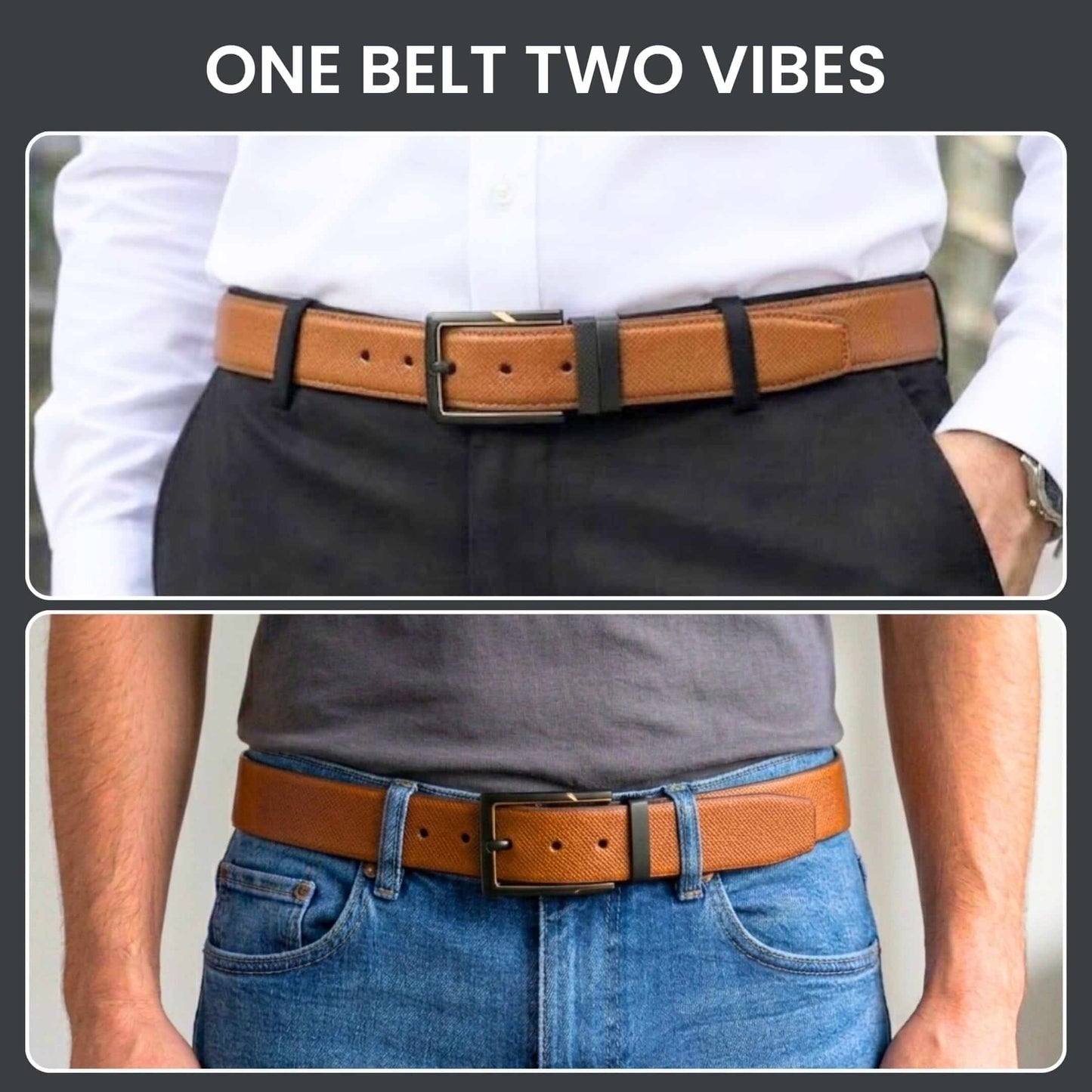 Mens 100% Genuine Leather Belt - VELTORA Smooth Gold Accent (Brown & Black Reversible) — Leather Belts for Men | THE MEN THING