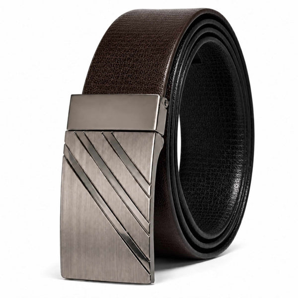 Mens 100% Genuine Leather Belt - VELTRIX Grid Emboss Plate (Brown & Black Reversible)