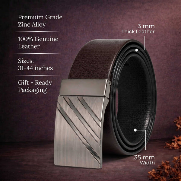 Mens 100% Genuine Leather Belt - VELTRIX Grid Emboss Plate (Brown & Black Reversible)