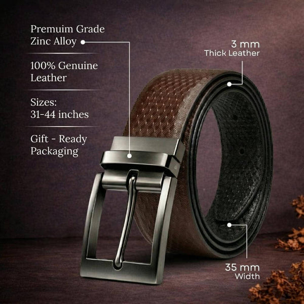 Mens 100% Genuine Leather Belt - VELTRON Basket Weave Emboss (Brown & Black Reversible)