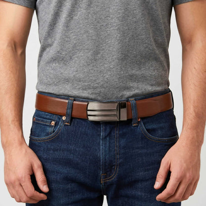Mens 100% Genuine Leather Belt - VERSA Grid Emboss Plate (Brown & Black Reversible) — Leather Belts for Men | THE MEN THING