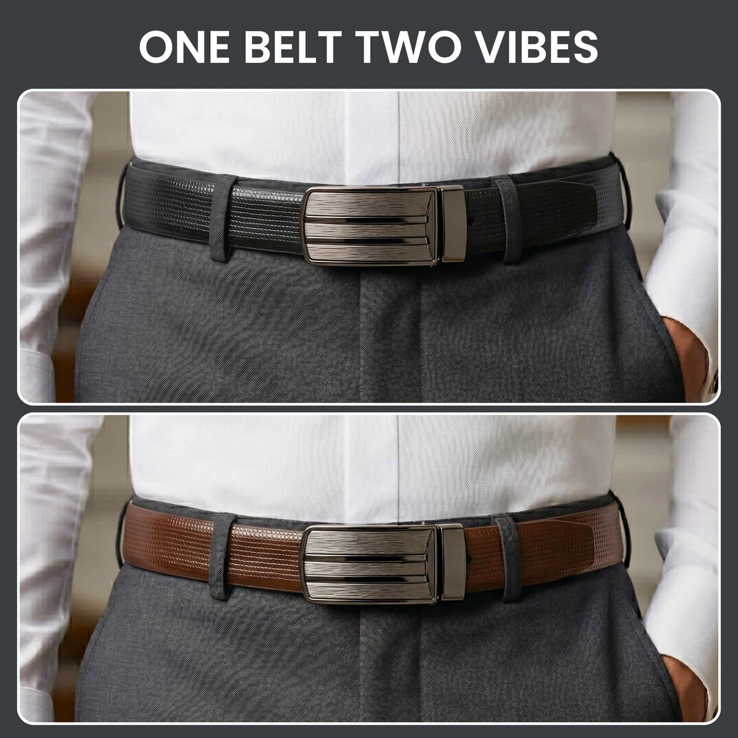 Mens 100% Genuine Leather Belt - VERSA Grid Emboss Plate (Brown & Black Reversible) — Leather Belts for Men | THE MEN THING