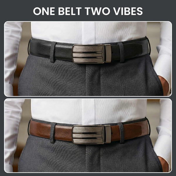 Mens 100% Genuine Leather Belt - VERSA Grid Emboss Plate (Brown & Black Reversible)