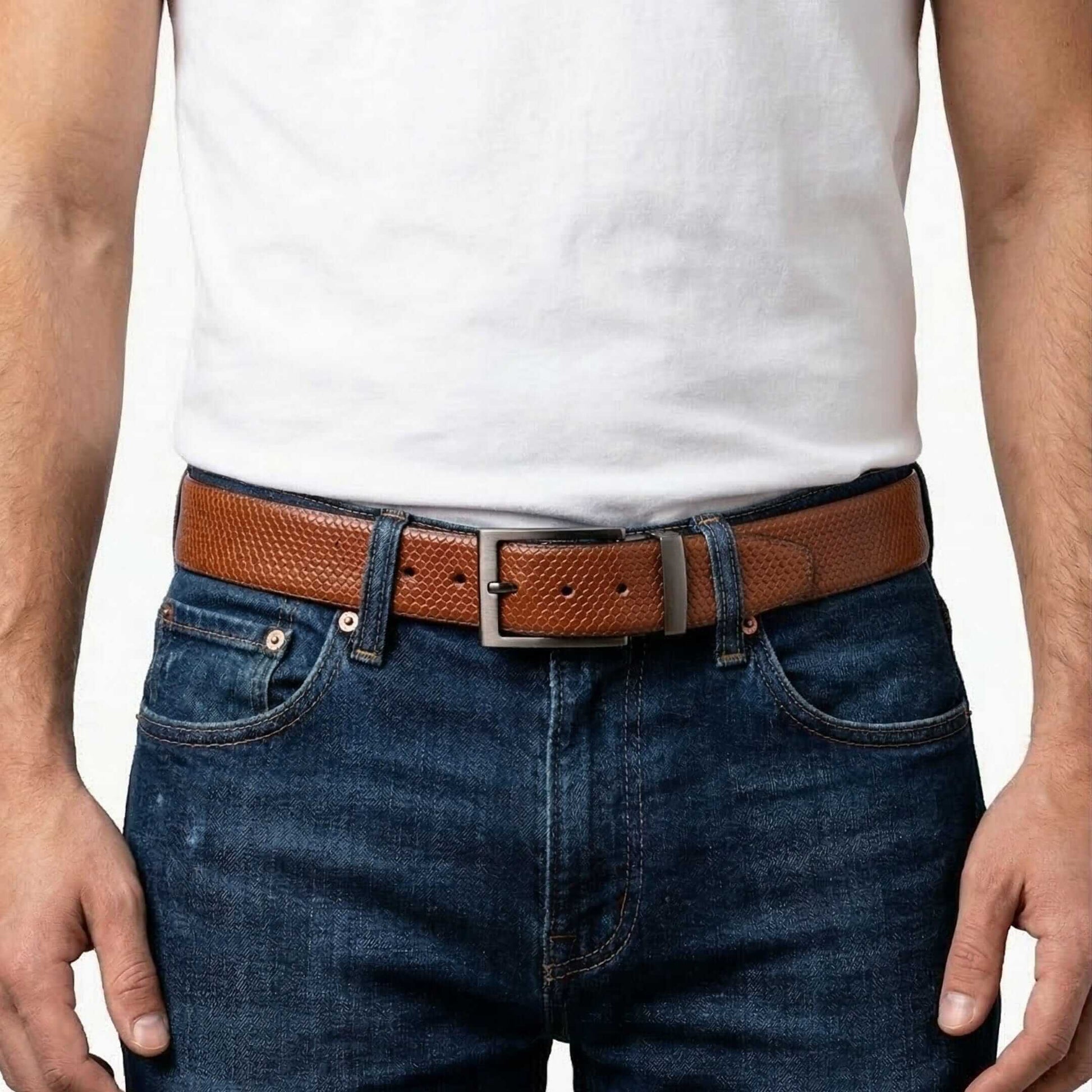 Mens 100% Genuine Leather Belt - VEXTOR Fine Dot Grid (Brown & Black Reversible) — Leather Belts for Men | THE MEN THING