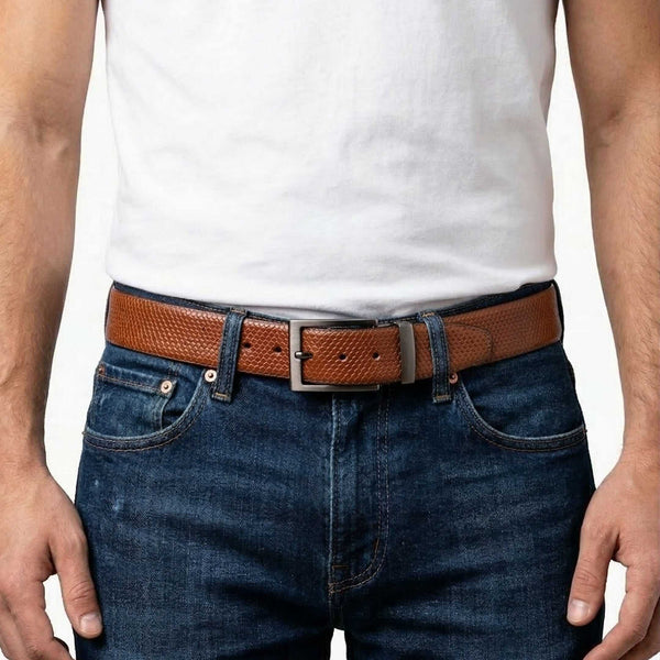 Mens 100% Genuine Leather Belt - VEXTOR Fine Dot Grid (Brown & Black Reversible)