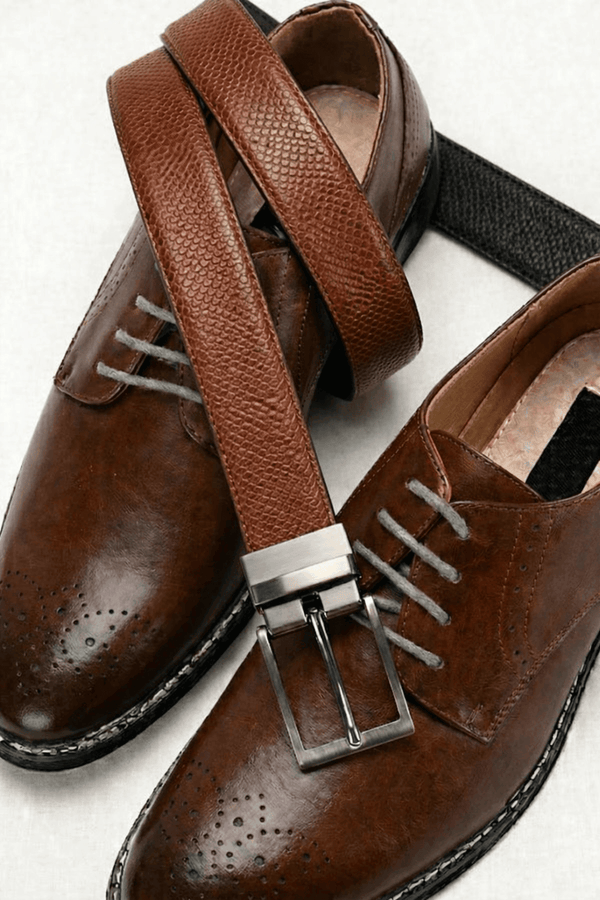 Mens 100% Genuine Leather Belt - VEXTOR Fine Dot Grid (Brown & Black Reversible)