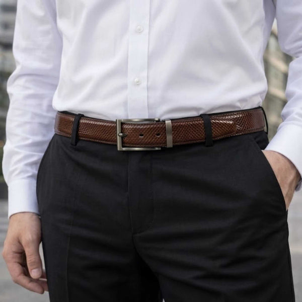 Mens 100% Genuine Leather Belt - VEXTOR Fine Dot Grid (Brown & Black Reversible)