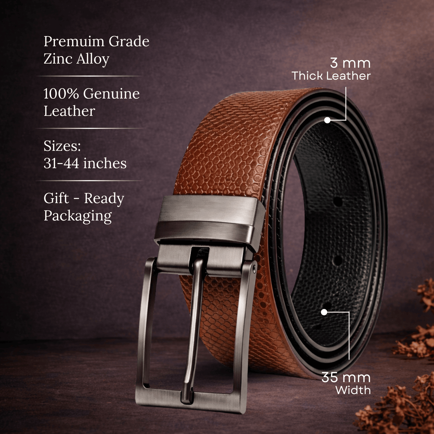 Mens 100% Genuine Leather Belt - VEXTOR Fine Dot Grid (Brown & Black Reversible) — Leather Belts for Men | THE MEN THING