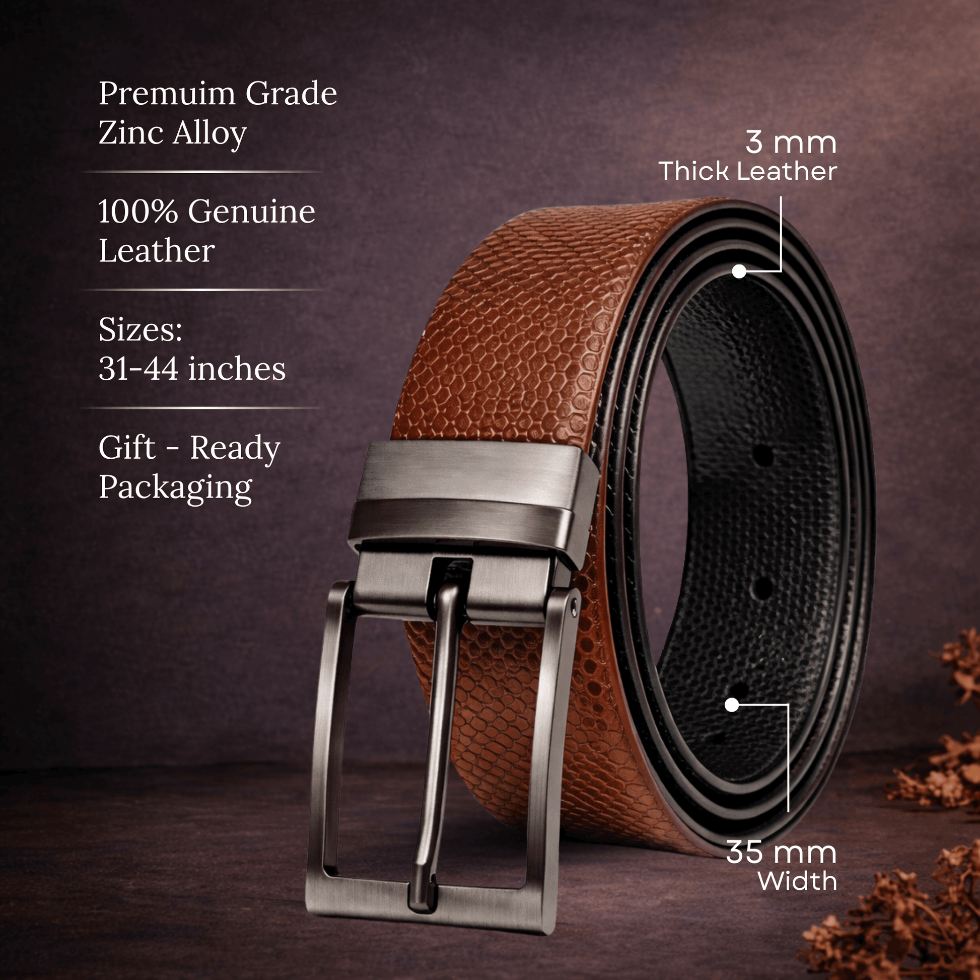 Mens 100% Genuine Leather Belt - VEXTOR Fine Dot Grid (Brown & Black Reversible) — Leather Belts for Men | THE MEN THING