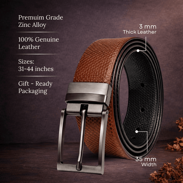 Mens 100% Genuine Leather Belt - VEXTOR Fine Dot Grid (Brown & Black Reversible)