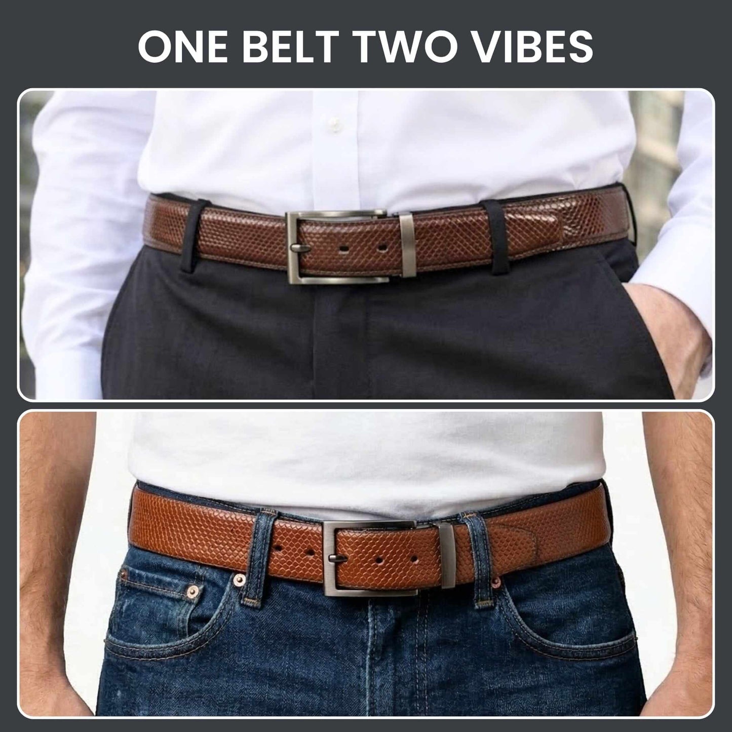 Mens 100% Genuine Leather Belt - VEXTOR Fine Dot Grid (Brown & Black Reversible) — Leather Belts for Men | THE MEN THING