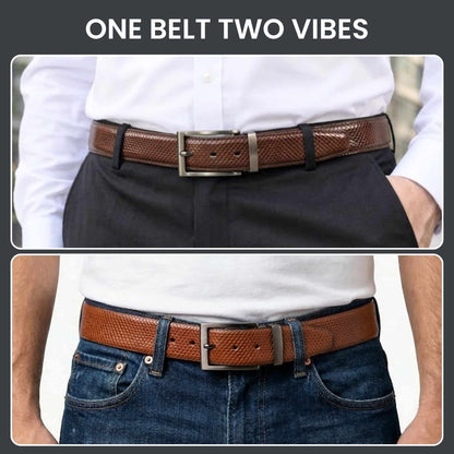 Mens 100% Genuine Leather Belt - VEXTOR Fine Dot Grid (Brown & Black Reversible) — Leather Belts for Men | THE MEN THING