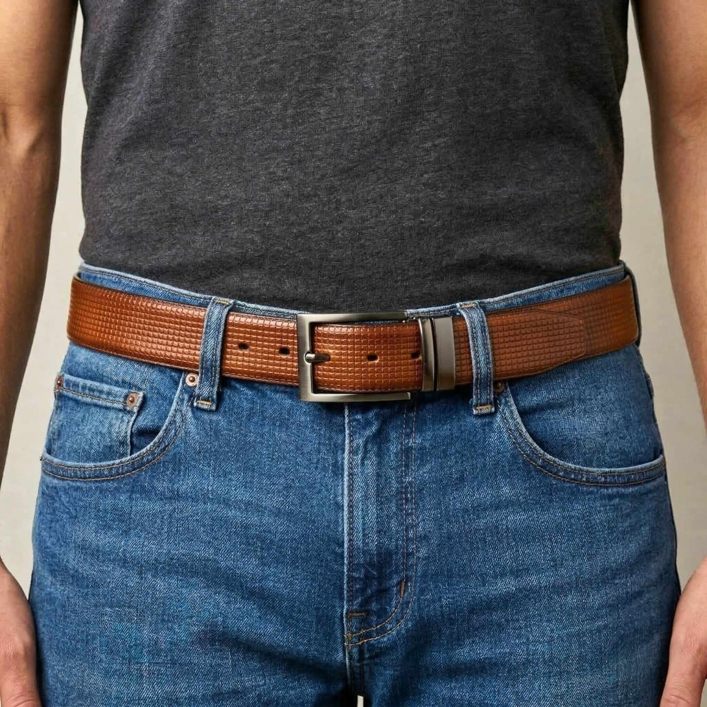 Mens 100% Genuine Leather Belt - VINTEX Fine Grid Emboss (Brown & Black Reversible) — Leather Belts for Men | THE MEN THING