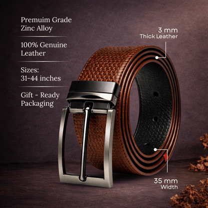 Mens 100% Genuine Leather Belt - VINTEX Fine Grid Emboss (Brown & Black Reversible) — Leather Belts for Men | THE MEN THING